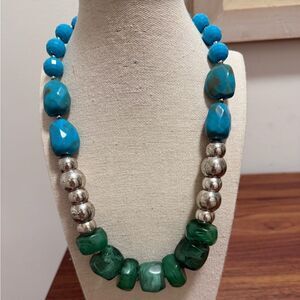Statement Necklace with Green, Turquoise & Silvertone Acrylic Beads.